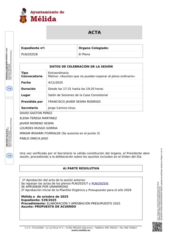 El Ayuntamiento de Mélida celebra un Pleno Extraordinario donde se aprueban el Presupuesto 2026, las nuevas tasas e impuestos, la ordenanza de autocaravanas y el inicio del nuevo Plan General de Urbanismo.