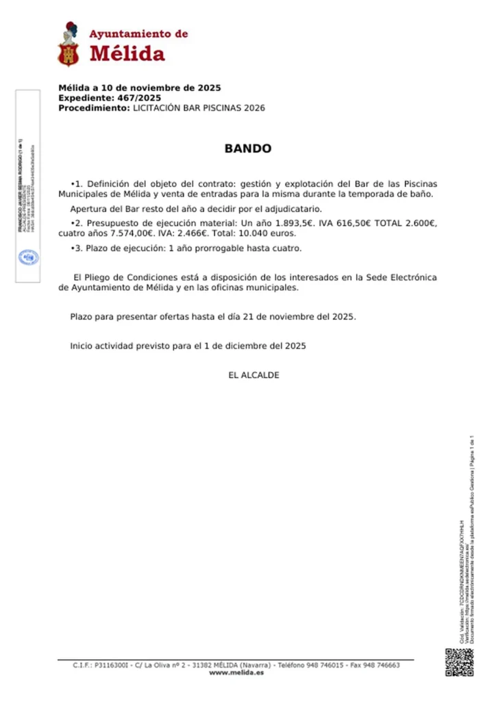 El Ayuntamiento de Mélida abre el procedimiento de licitación para la gestión y explotación del Bar de las Piscinas Municipales