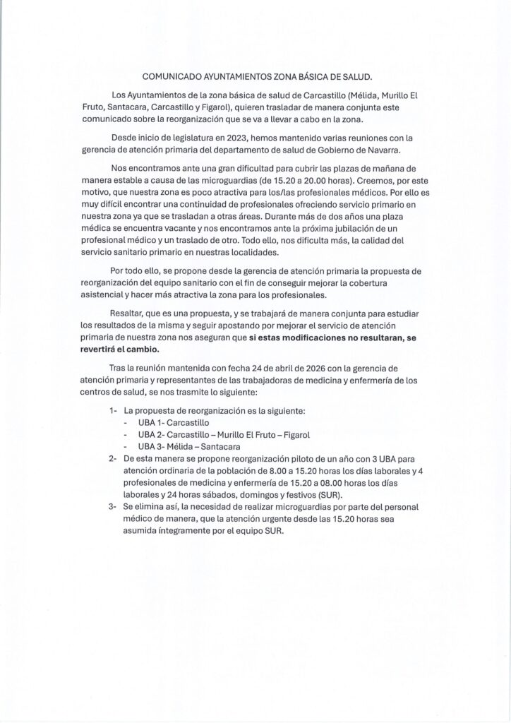 Comunicado de los ayuntamientos sobre la reorganización de la atención primaria en la Zona Básica de Salud y la mejora del servicio sanitario.