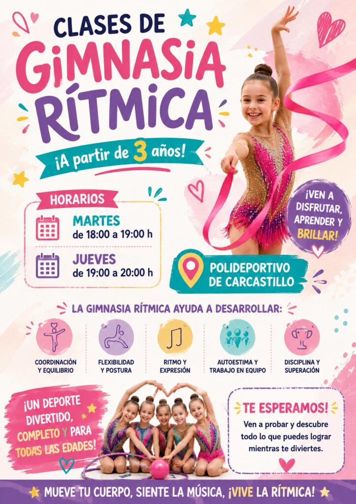 Clases de gimnasia rítmica en el Polideportivo de Carcastillo, dirigidas a niños y niñas a partir de 3 años.